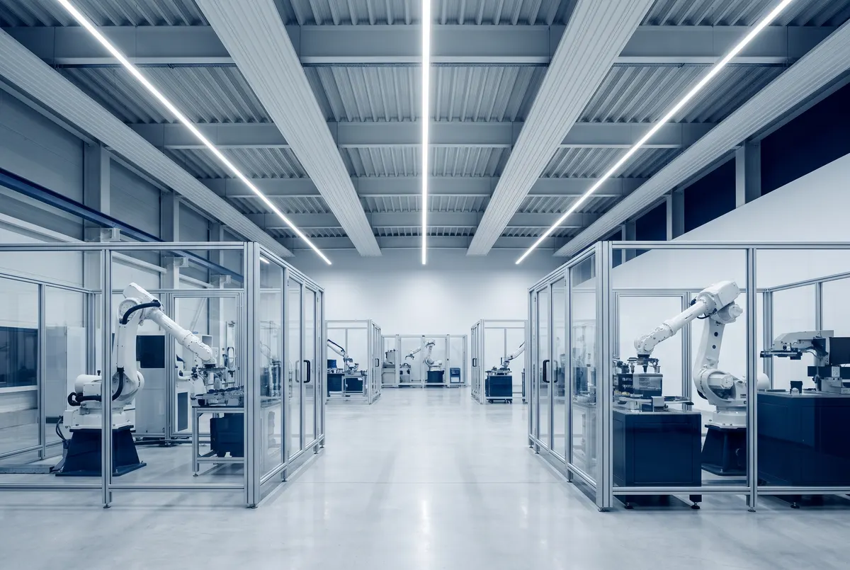 A bright automated manufacturing hall with white robotic cells behind glass