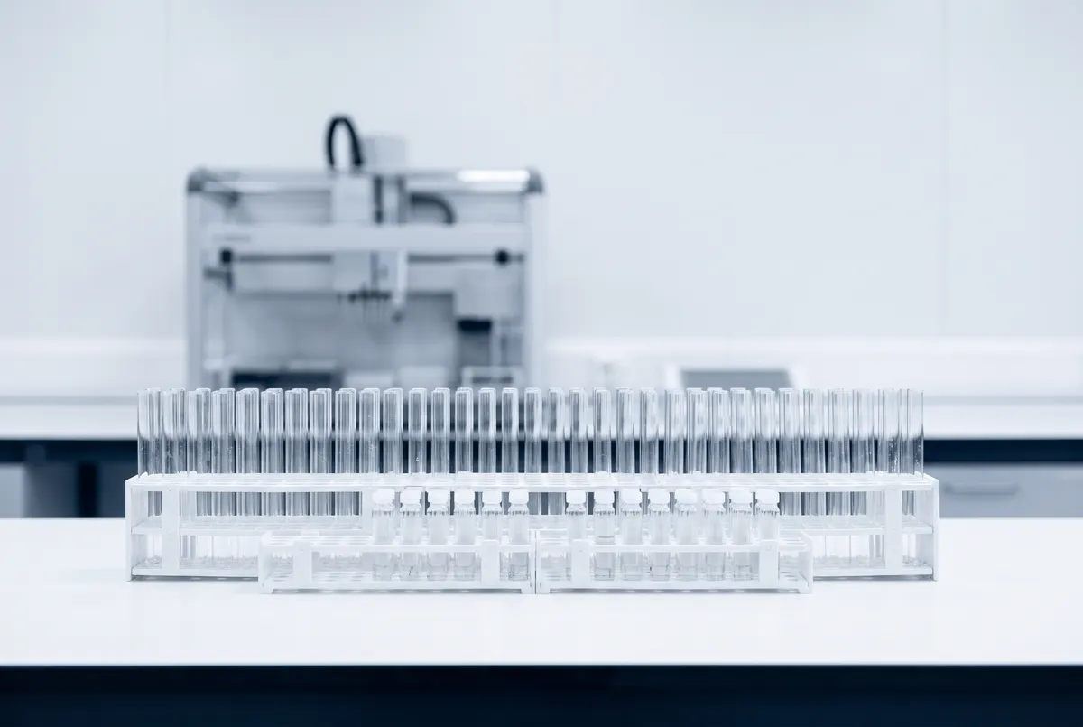 A wide rack of glass test tubes on a white bench with an automated liquid handler behind
